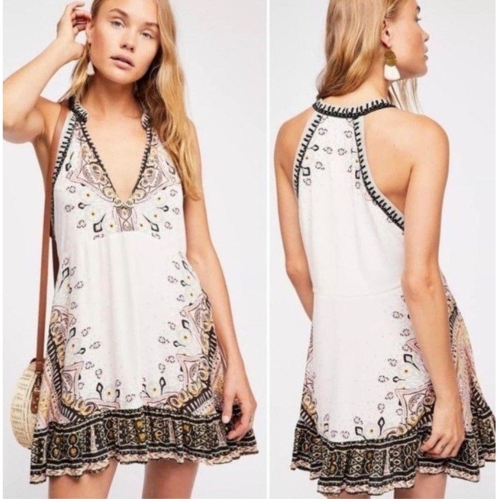 Free People Womens Steal the Sun Tunic Rayon V-Neck Ruffle Mini Dress Size Large
